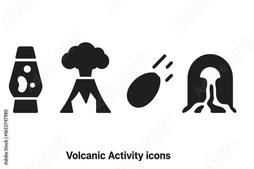 Volcanic activity icons set. Solid black vector silhouettes of volcanic eruption, smoking volcano, volcano bomb, flowing lava tube, lava lamp. Natural disaster, geology, eruption concepts