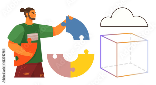 Man placing colorful puzzle pieces together, representing collaboration and solutions, beside cloud outline and geometric wireframe cube. Ideal for creativity, innovation, teamwork, strategy