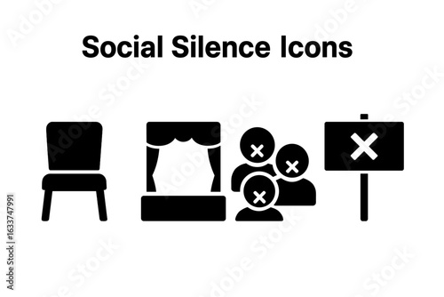 Social Silence Icons Set, Solid Filled Vector Illustrations of Empty Chair, Vacant Stage, Closed Mouth Crowd, Silent Protest Sign, Social Silence Concept and Expression