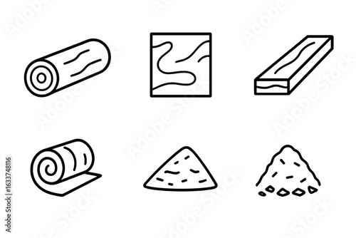 Wood Products Icon Set with Timber Logs, Plywood Sheets, Lumber Planks, Veneer Rolls, and Wood Chip Piles in Outline Style Vector Illustration for Construction and Carpentry