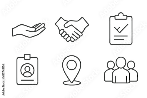 Volunteer outline icons set. Helping hand, handshake, clipboard, ID badge, location pin, group of people. Charity and nonprofit support, teamwork, assistance, community service vector illustration.