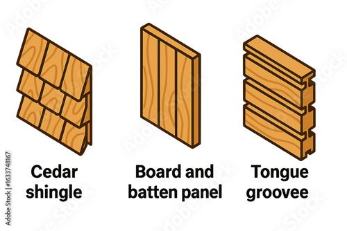 Isometric Wood Siding Icon Set. Cedar Shingle, Board and Batten, Tongue and Groove Panels. Building Material Types. Exterior Cladding Vector Illustration. Construction Element Design