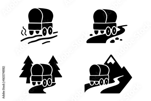 Covered Wagon Trail Icons Set. Solid style vector pack of classic pioneer wagon on dusty trail, dirt road, forest path, and mountain pass. Historic journey, migration, adventure travel concept.
