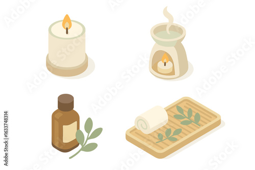 Isometric Spa Bathroom Icons Set. Aromatherapy Candle, Essential Oil Diffuser, Brown Glass Bottle, Bamboo Tray with Towel, Greenery. Relaxation, Wellness, Home Spa Decor, Flat Vector Illustration.