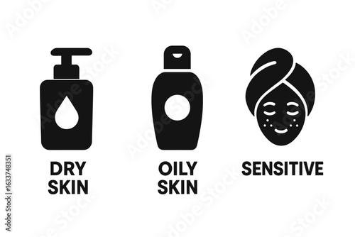 Spa Essentials Icon Set, Solid Filled Vector Illustrations of Skin Care Products for Dry, Oily, and Sensitive Skin Types, Including Lotion, Cleanser, and Beauty Care Items for Relaxation and Wellness