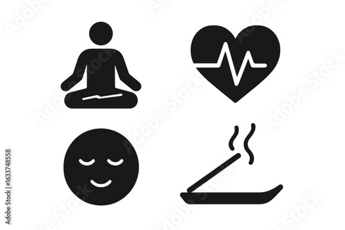 Meditation Yoga Stress Relief Icons Set. Relaxation Pose, Tranquil Mind, Calm Face, Incense, Heartbeat Symbol. Mindfulness, Wellness, Healthy Lifestyle, Spa, Zen, Self Care Solid Vector Illustration