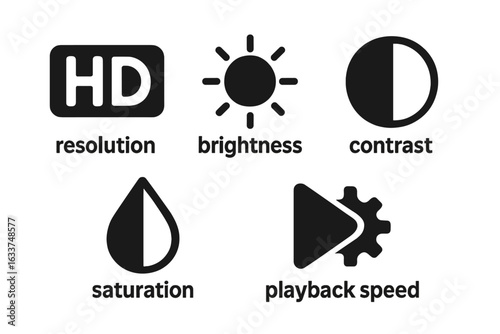 Video player settings icons set. HD resolution, brightness, contrast, saturation, playback speed, UI symbols. Media control, interface adjustment, multimedia preferences. Flat vector illustration.