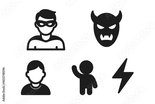 Video game character hero icon set, villain mask, NPC avatar, sidekick figure, superpower lightning bolt, gamer profile pictogram, gaming mascot, solid silhouette vector illustration