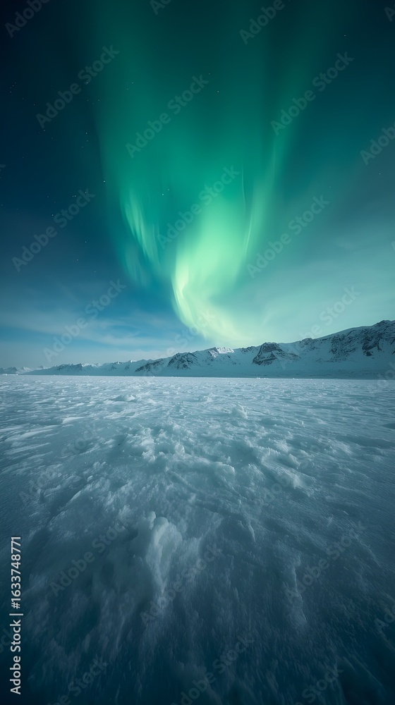 Naklejka premium Vibrant aurora borealis graces icy arctic landscape