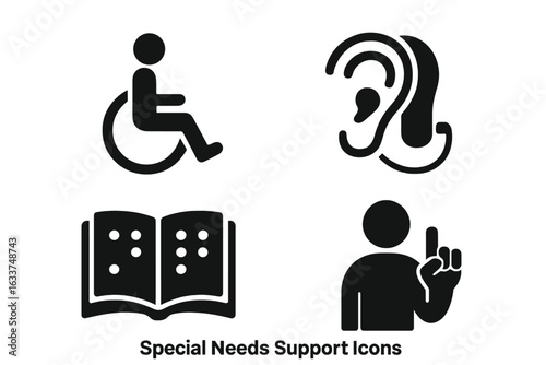 Special Needs Support Icons Set with Wheelchair, Hearing Aid, Braille Book, Classroom Assistance Symbols, Solid Filled Vector Illustration for Inclusive Education and Accessibility