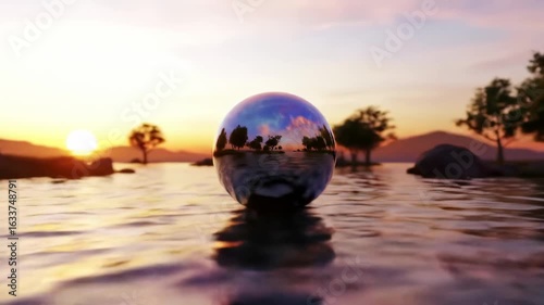 Reflective sphere on water at sunset tranquil landscape scene