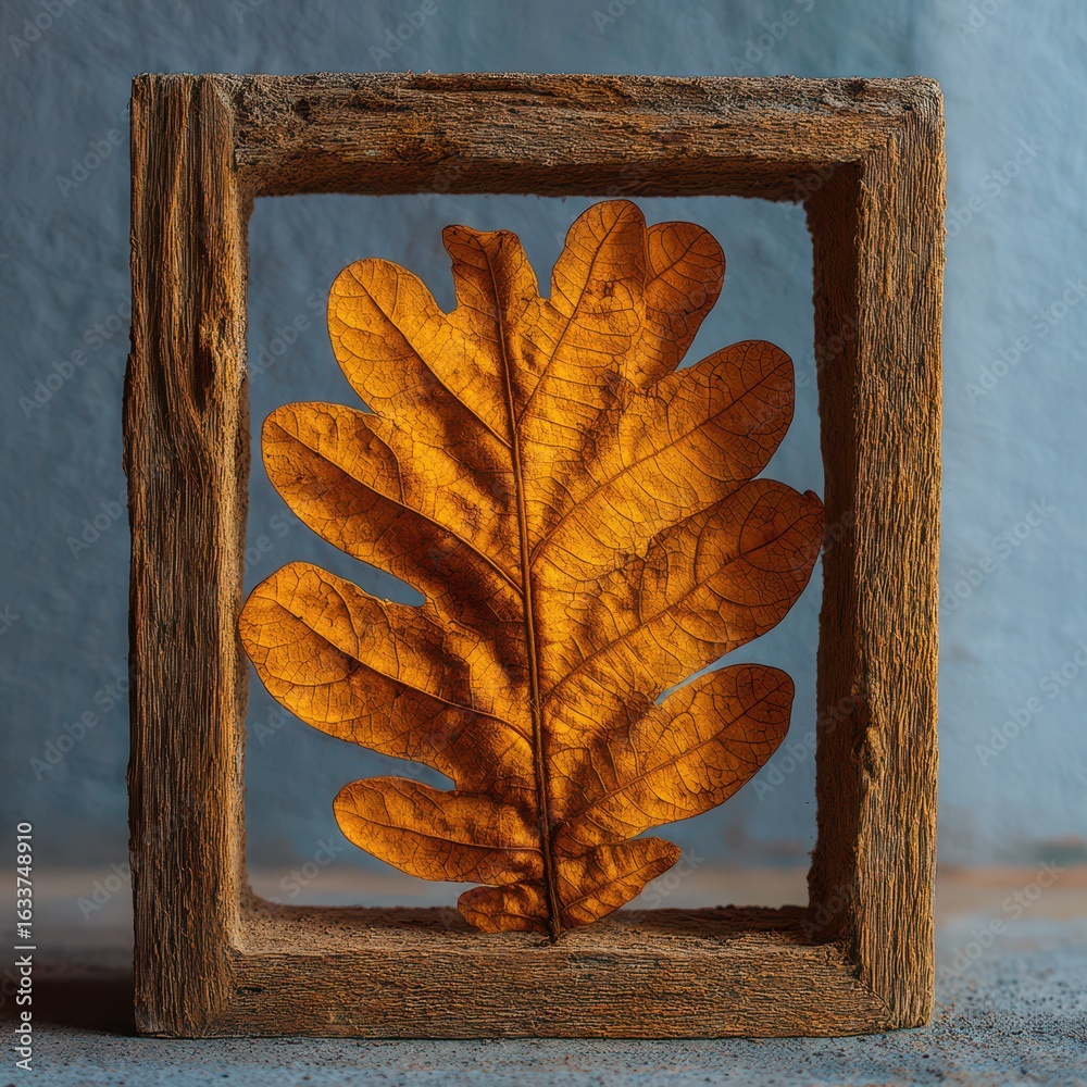 custom made wallpaper toronto digitalDried oak leaf in rustic wooden frame