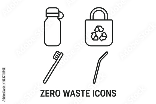 Zero waste icons set. Outline vector icons of reusable water bottle, eco tote bag with recycle symbol, bamboo toothbrush, metal straw. Sustainable lifestyle zero waste concept illustration.