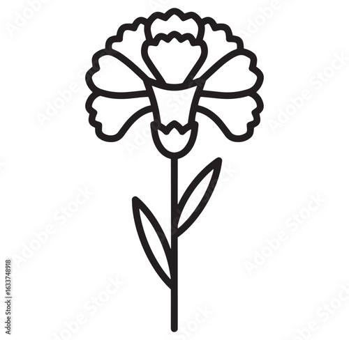 Simple black and white line art carnation flower icon isolated on white background