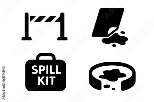 Spill containment icons set with solid filled symbols including barrier tape, absorbent material, spill kit, and spill control equipment for environmental safety and hazard management