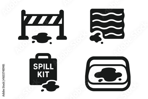 Spill containment icons set with solid filled vectors including barrier tape, absorbent materials, spill kits, and safety equipment for hazardous liquid control and environmental protection