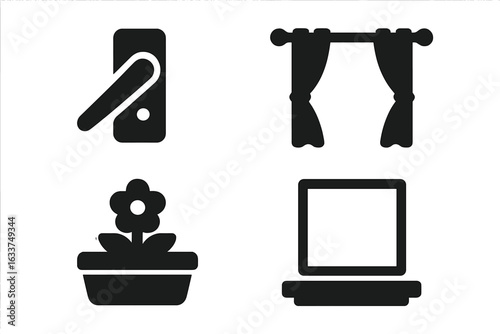 Window Details Icons Set. Solid Black Vector Icons of Window Latch, Curtain Rod, Flower Box, Window Sill, Accessories and Home Decor Elements. Modern Minimalist Interior Decor Symbols Isolated