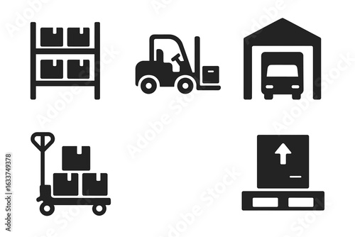 Warehouse Logistics and Storage Icon Set. Solid Vector Symbols of Warehouse Shelving, Pallet Jack, Forklift Truck, Storage Racks, Loading Dock, Delivery Transport, Shipment Boxes, Inventory Management