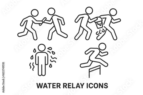 Water relay race icons set. Outline vector illustration of baton passing, water bucket handoff, wet teammate, hurdle running. Team building, summer competition, sports challenge pictograms