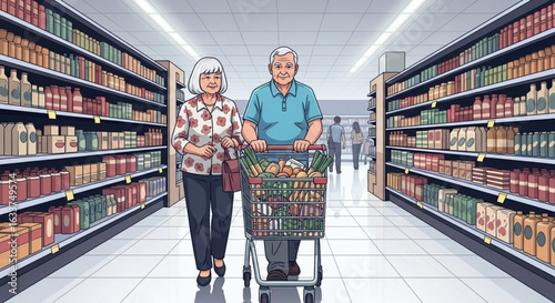 An elderly couple shops for groceries in a supermarket aisle, pushing a full shopping cart.