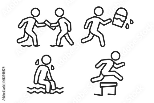 Water Relay Race Icons Set. Outline Vector Illustrations of Team Baton Exchange, Water Bucket Relay, Obstacle Course Hurdle, Soaked Teammate Challenges. Teamwork, Sports Event, Competition Concept