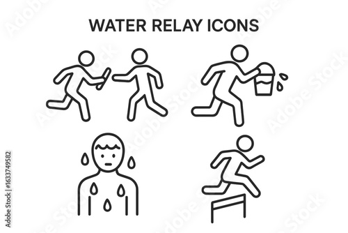 Water relay race icon set. Outline vector icons of team relay baton exchange, running with water bucket, wet athlete, hurdling obstacle. Sports teamwork challenge, fun activity concept