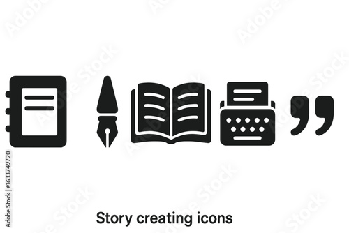 Story creation icon set with creative tools and symbols including notebook, fountain pen, open book, vintage typewriter, quotation marks, solid filled vector illustration on transparent background