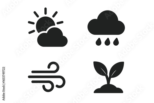 Solid Weather Icons Set for Environment and Agriculture. Sun, Cloud, Rain, Wind, Plant Growth Symbols Collection. Simple Climate, Meteorology, Eco Farming, Gardening Vector Isolated Illustrations