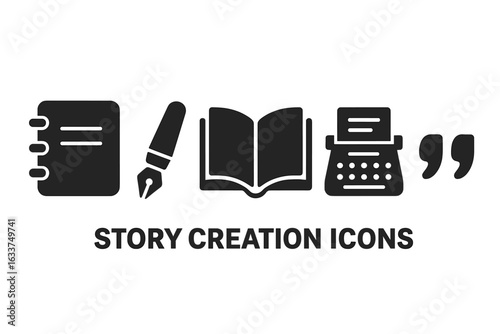Story creation icons set with solid filled style, including notebook, fountain pen, open book, typewriter, quotation marks, creative writing, literature tools, vector illustration