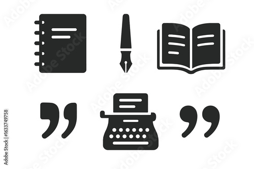 Writing and Storytelling Icon Set. Solid Filled Vector of Notebook, Fountain Pen, Open Book, Typewriter, Quotation Marks. Literature, Author, Journalism, Copywriting Graphic Design Resources