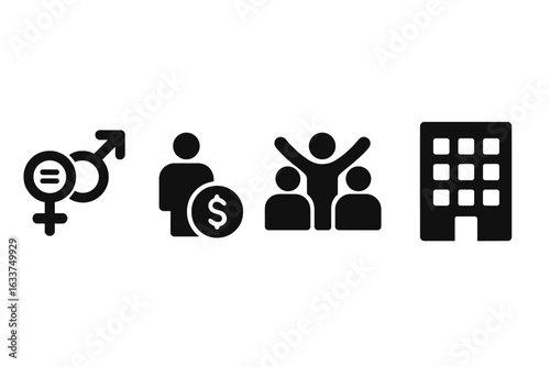 Workplace Equality Icons Set. Solid Symbols for Gender Equality, Equal Pay, Teamwork, Diversity, Inclusion, Business Office Building. Corporate Human Resources Concepts. Vector Illustration
