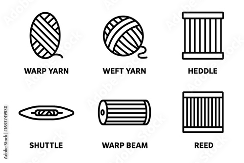 Weaving Tools Icons Set. Outline Vector Symbols of Weaving Process: Warp Yarn, Weft Yarn, Heddle, Shuttle, Warp Beam, Reed. Textile Industry Elements, Loom Equipment, Craft, Artisan, Fabric Production