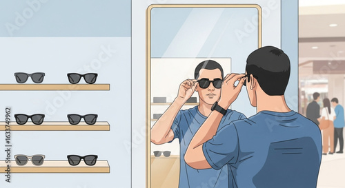 Man trying on sunglasses, reflecting in a mirror, inside an optician's shop.
