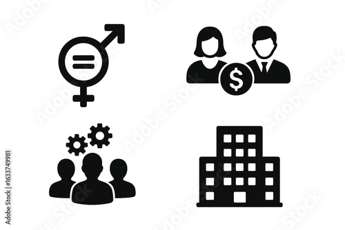 Gender Equality and Workplace Diversity Icons Set. Equal Pay Symbol, Male Female Equality Sign, Teamwork Collaboration, Corporate Office Building. Inclusive Business Concept Vector Illustration