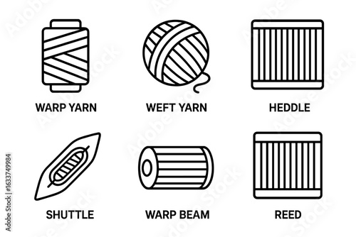 Weaving Tools Vector Icons Set. Outline Style Collection of Textile Equipment Including Warp Yarn, Weft Yarn, Heddle, Shuttle, Warp Beam, Reed. Traditional Loom Components Illustration