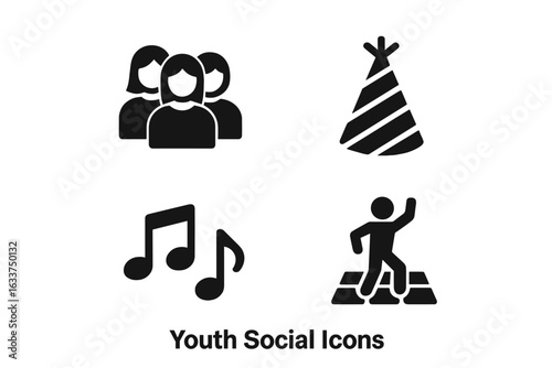 Youth Social Life Icons Vector Set. Solid Filled Group of Friends, Party Hat, Music Notes, Dancing Figure on Dance Floor. Modern Socializing, Friendship, Celebration, Event, Entertainment Symbols