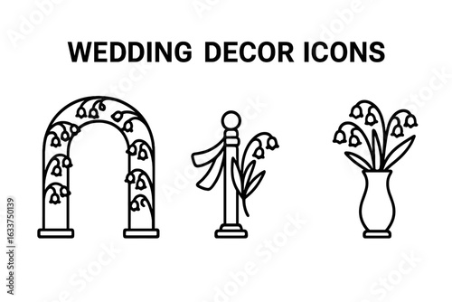 Wedding Decor Icons Outline Vector Set. Lily of the Valley Floral Arch, Pew End Decoration, Centerpiece Vase. Elegant Linear Symbols for Ceremony, Reception, Event Design on Transparent Background