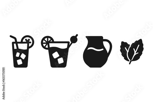 Summer drinks icons set with solid filled designs featuring refreshing iced tea, lemonade, cocktail glass, water pitcher, and fresh mint leaves, vibrant vector illustration on transparent background