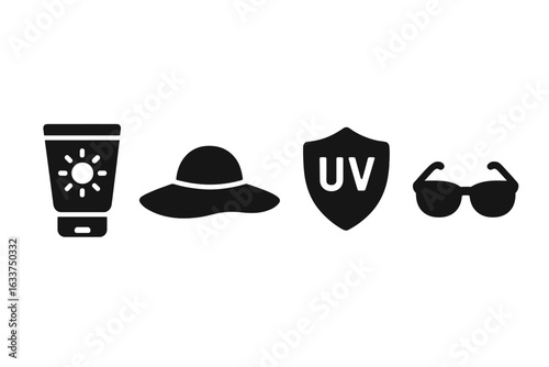 Sun protection essentials icon set with solid filled sunscreen tube, wide brim hat, UV shield, and sunglasses, vector illustration for summer safety, skin care, and sunblock concept
