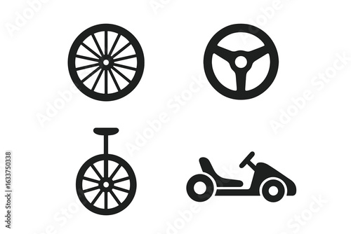 Set of Solid Vector Wheel Sport Icons. Bicycle Wheel, Racing Steering Wheel, Unicycle, Go-Kart Silhouette. Minimal Transport and Sports Symbols for Infographics, Websites, Modern Design Stock