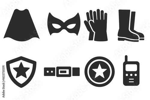 Superhero Accessories Icon Set. Solid Black Vector Illustrations of Superhero Cape, Mask, Gloves, Boots, Emblem, Utility Belt, Shield, Communicator. Comic Book Costume Elements Collection