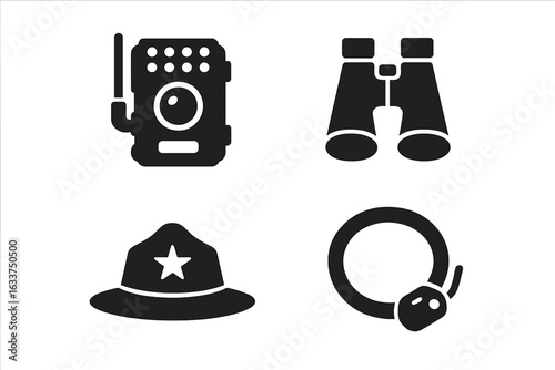 Wildlife Protection Tools Icon Set. Solid Vector Illustration Featuring Camera Trap, Binoculars, Ranger Hat, Radio Collar. Conservation, Anti-Poaching, Animal Tracking, Reserve Patrol, Security Icons