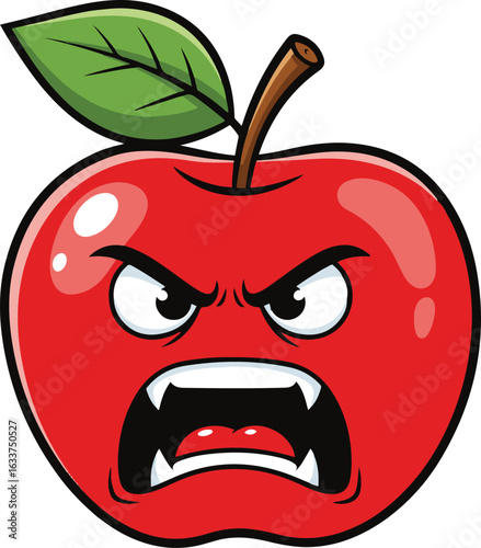 This vibrant vector illustration depicts a cartoon apple with an angry expression, bared teeth, and furrowed brows. The detailed artwork is perfect for various creative projects.