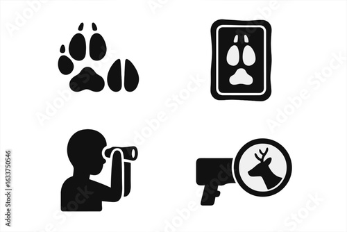 Wildlife Tracking and Observation Icons Set. Animal Footprints, Track Identification, Spotting Scope, Hunters Targeting Deer, Nature Exploration, Tracking Adventure, Solid Black Silhouette Symbols