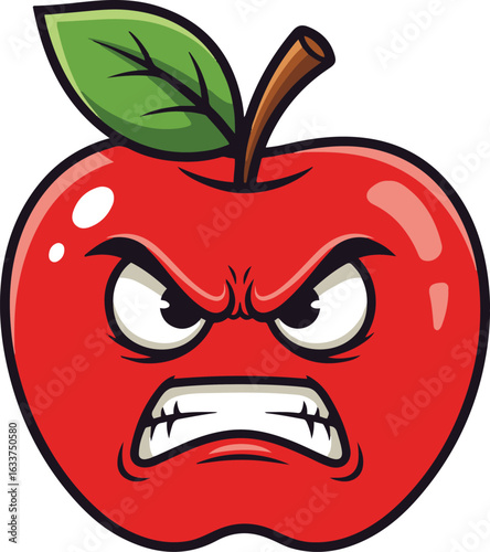 The background is plain white, providing a stark contrast to the foreground subject. The foreground features a single, cartoon-style red apple with a distinctly angry expression. 