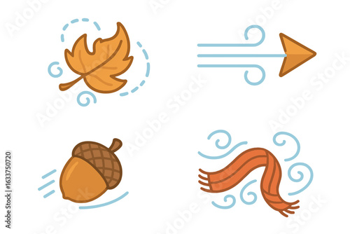 Autumn Windy Weather Vector Icons Set. Isometric Swirling Fall Leaf, Wind Gust Arrow, Flying Scarf, Falling Acorn. Seasonal Cold Breeze Symbols, Autumn Elements, Isolated Clipart Illustration