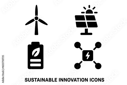 Sustainable Energy Innovation Icons Set. Solid Filled Vector of Wind Turbine, Solar Panel with Sun, Eco Friendly Rechargeable Battery, Smart Grid Network. Green Technology Power Solutions Concept