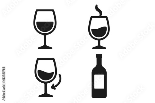 Wine tasting solid icon set. Elegant wine glass silhouette, swirling motion, wine aroma, wine bottle with label. Flat black vector for wine event, beverage, winery, restaurant, sommelier concept.
