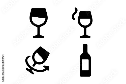 Wine Tasting Vector Icon Set. Solid Glass, Wine Swirl, Aroma, Bottle Label. Black Silhouette Symbols for Sommelier, Vineyard, Winery, Alcoholic Beverage, Bar, Restaurant, Drink Event, Tasting Concept