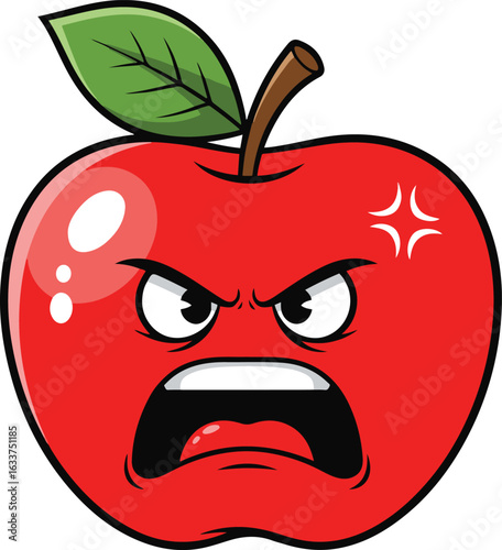  A digital illustration depicting a red apple with an angry facial expression.